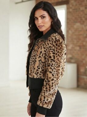 GUESS Leopard Faux Fur Bomber Jacket Y2K Zip-Up Wool Hem Medium